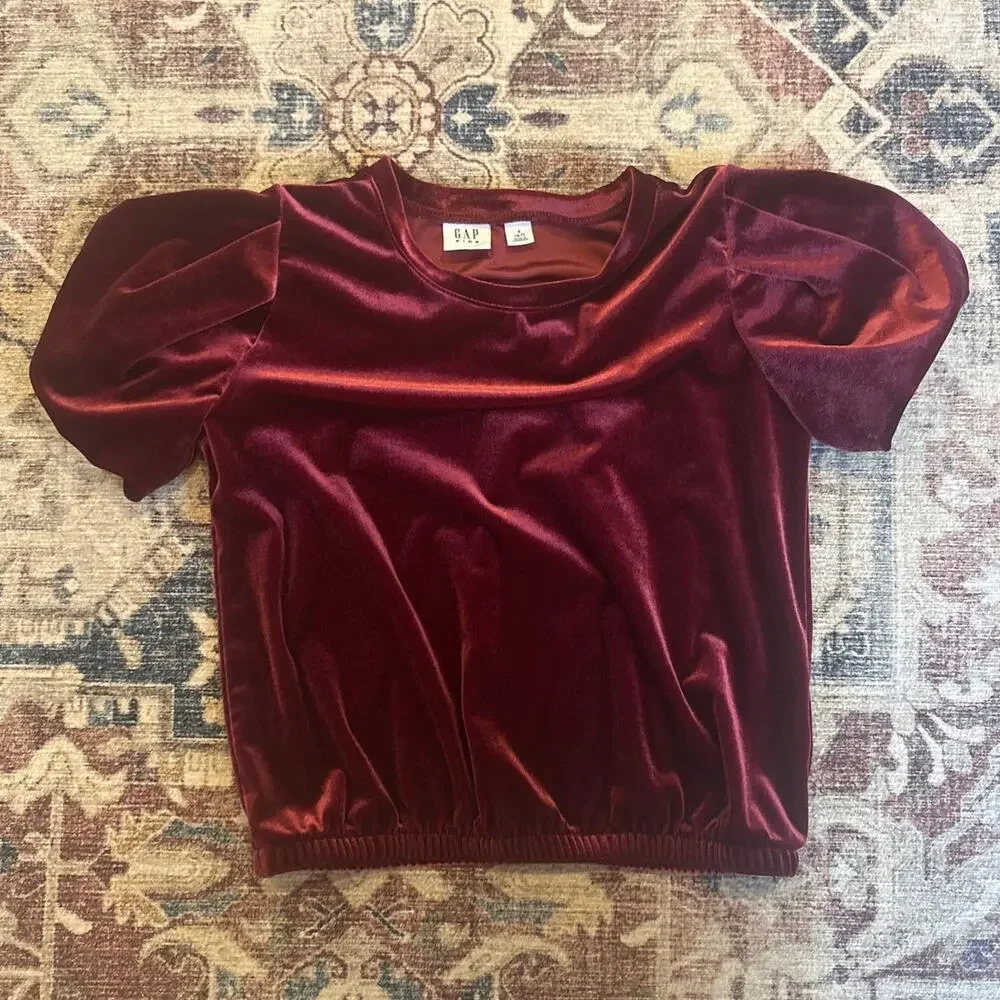Gap dark red velvet puff short sleeve girls‎ shirt SIZE S